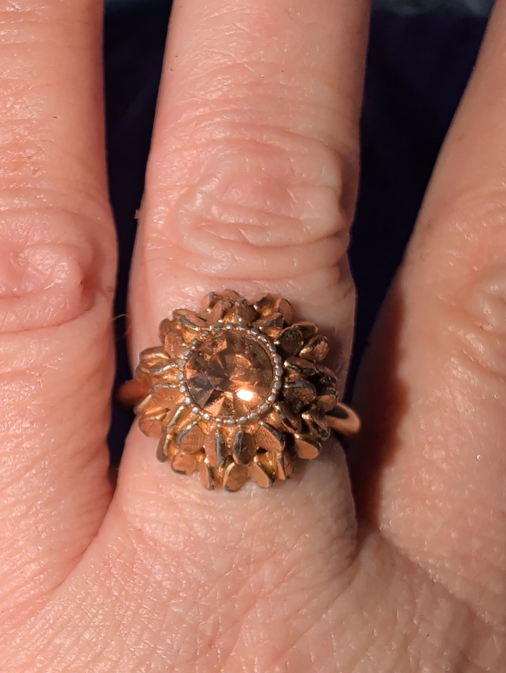 Unique Vintage Gold-Tone Floral Cluster Ring with Amber Center